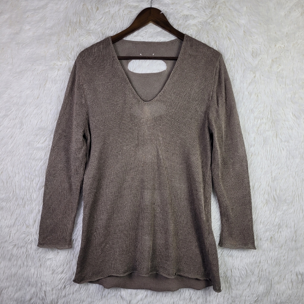 Neetu Malik M Taupe Crochet Knit 100% Linen Long Sleeve V‎ Neck Cut Out Top USA